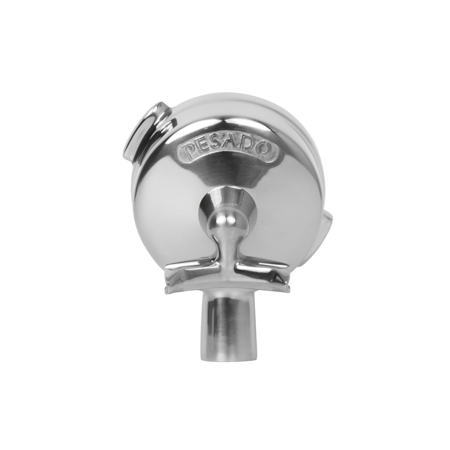 Close-up of the Pesado Spouted Portafilter Head showing the polished finish and durable construction