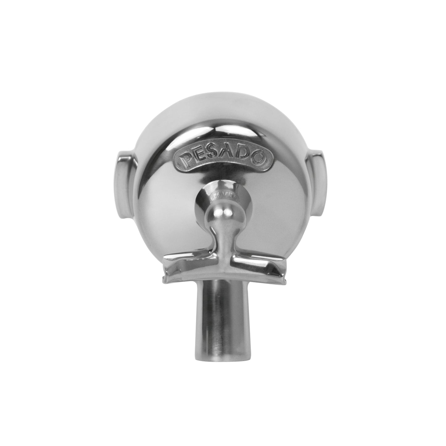 Detailed view of the Pesado Spouted Portafilter Head's unique spout design for controlled pour and latte art