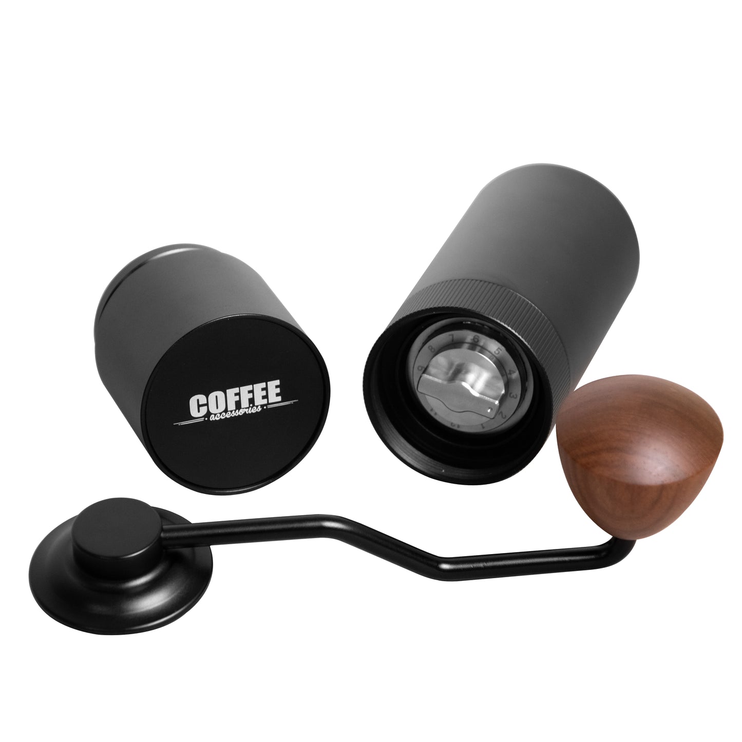 Close-up of coffee accessories hand grinder with stainless steel body