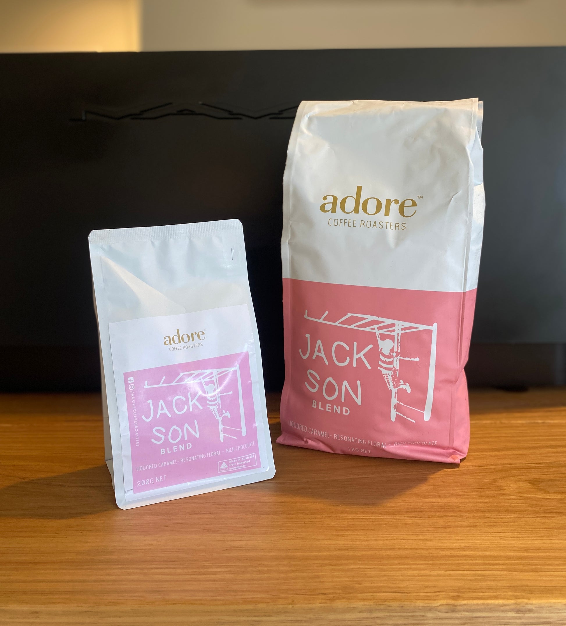 Rich and aromatic Adore Coffee Jackson Blend, a perfect balance of dark roast and smooth flavor, ideal for the coffee connoisseur
