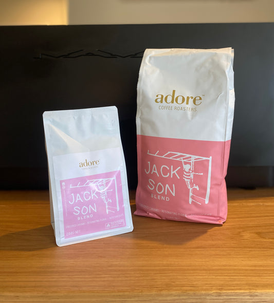 Rich and aromatic Adore Coffee Jackson Blend, a perfect balance of dark roast and smooth flavor, ideal for the coffee connoisseur