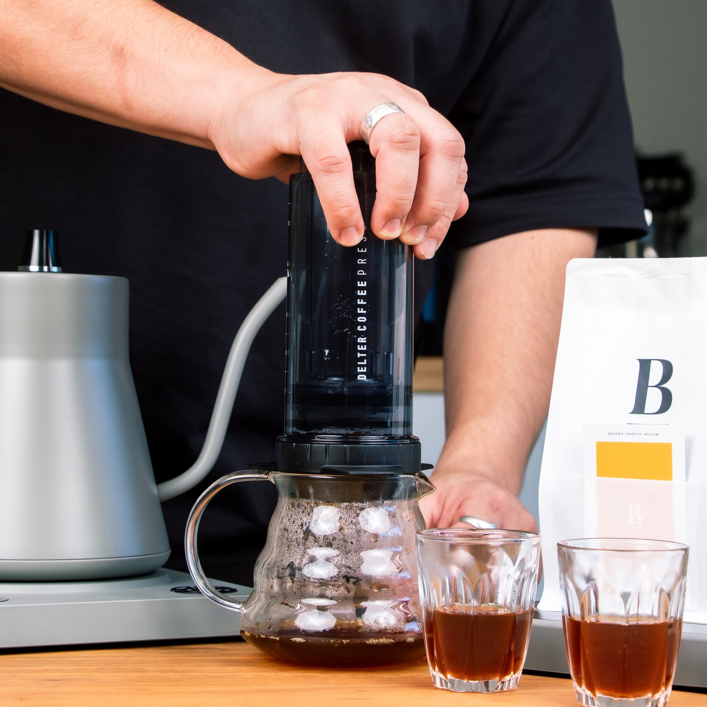 Delter Coffee Press packaging, featuring modern and minimalist design