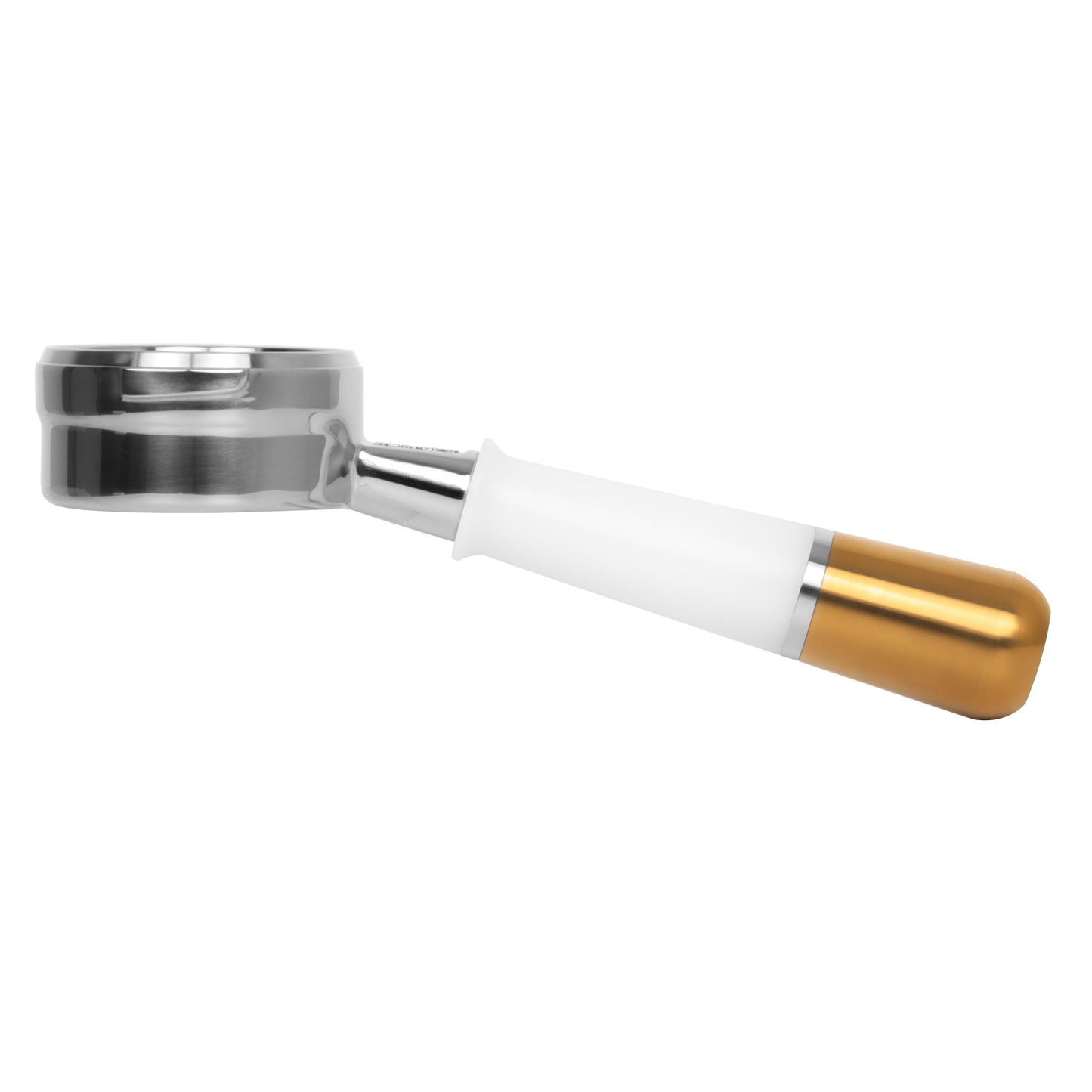 Beautiful white and gold Pesado Naked Portafilter showcasing elegant design and craftsmanship for coffee enthusiasts and baristas