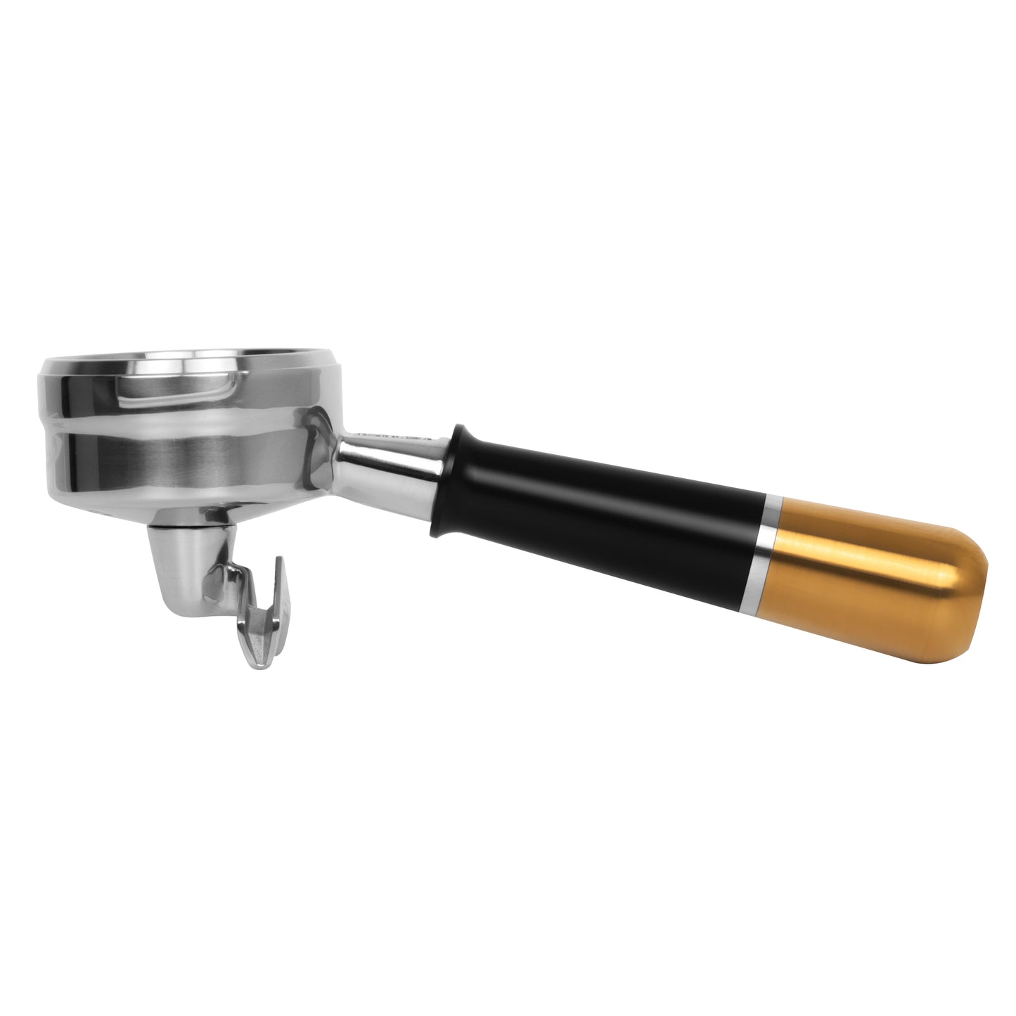 Black and gold Pesado spouted portafilter for espresso machines with precision design