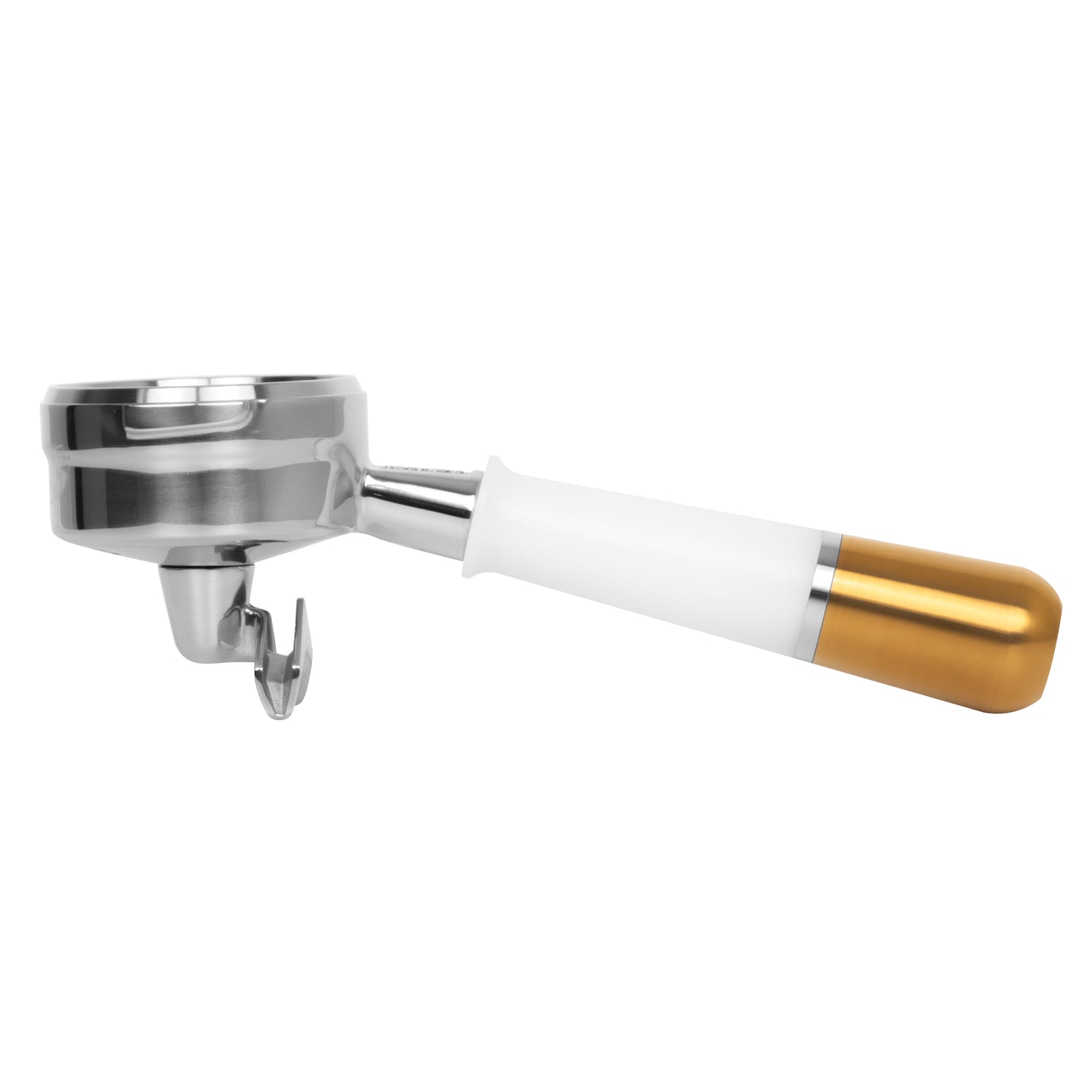 White and gold Pesado spouted portafilter with sleek design and ergonomic handle for professional espresso brewing