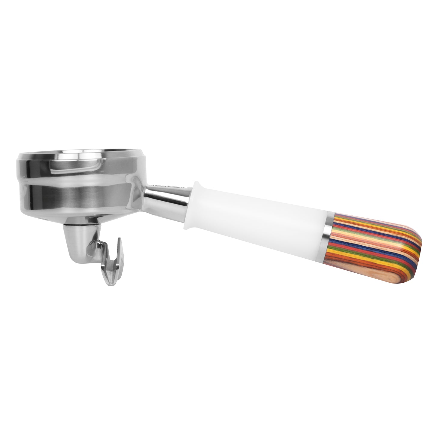 White and Iris spouted portafilter with ergonomic handle for easy coffee brewing