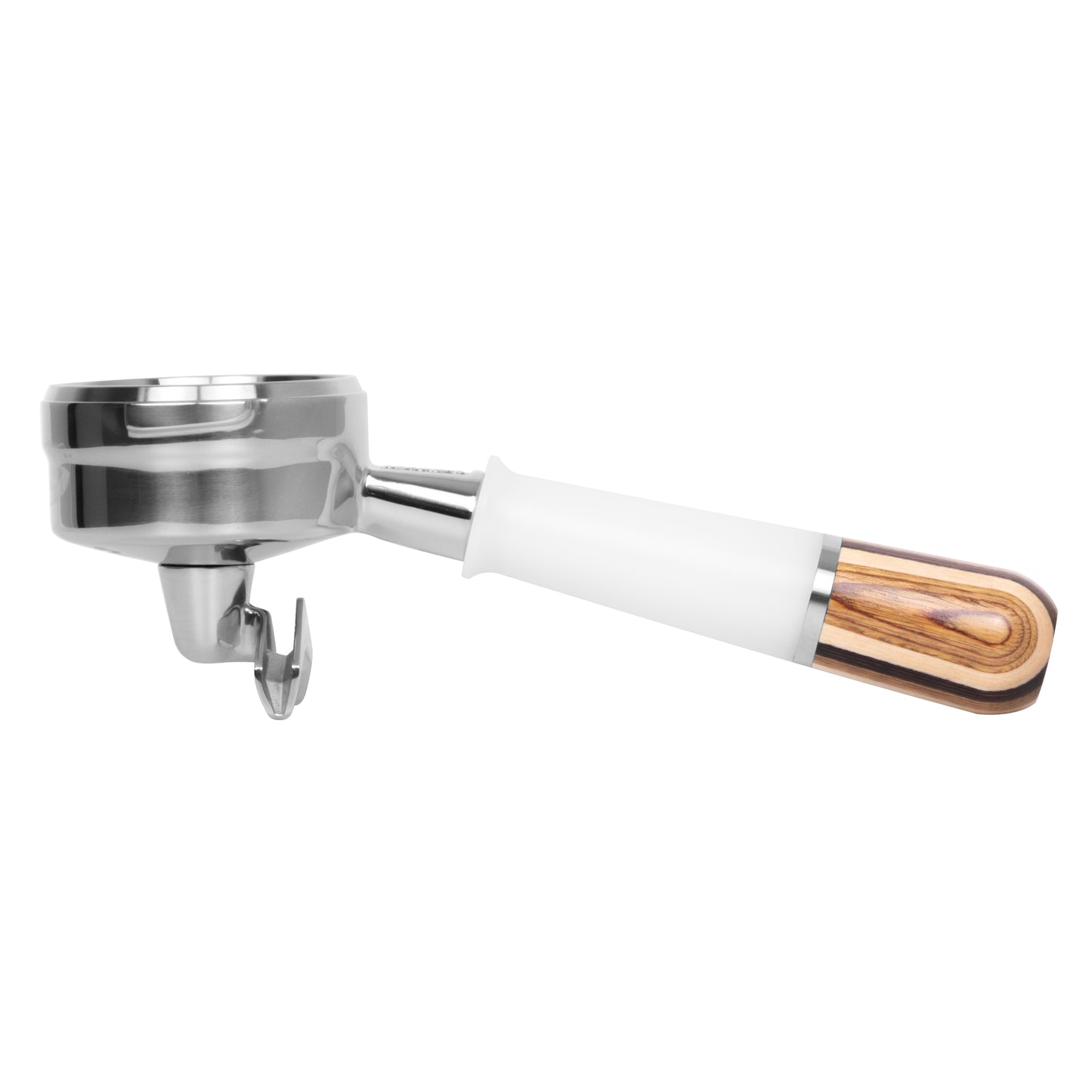 White and Riga spouted portafilter designed for easy and precise coffee extraction