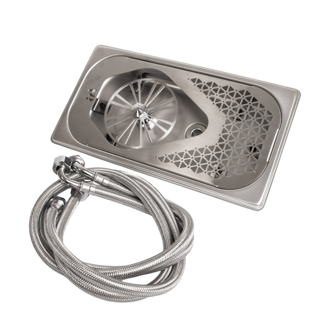 Alt text: The Artisan Barista Jug Rinser - Stainless Steel Edition, a sleek and durable product designed for efficient cleaning of coffee jugs and pitchers in a professional coffee shop setting
