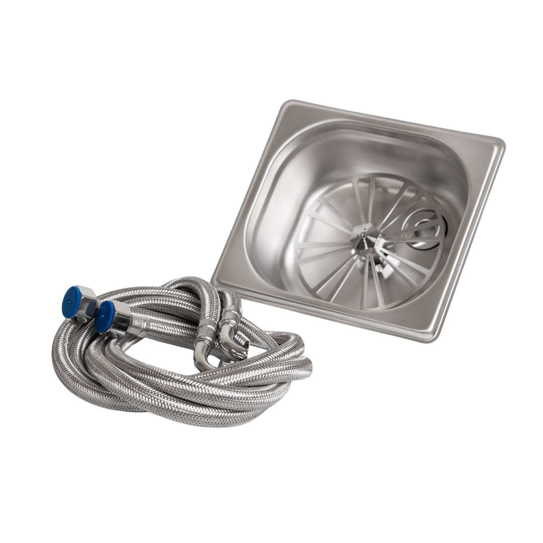 Stainless steel barista jug rinser with sleek design and durable construction for easy and efficient cleaning of milk frothing pitchers and other barista tools