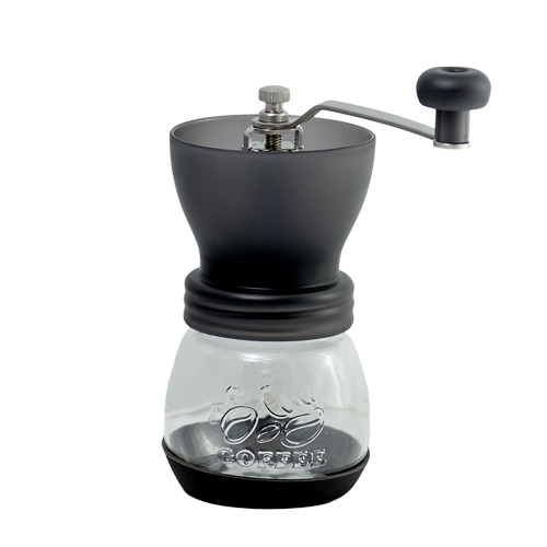 Glass hand grinder featuring stainless steel components for durable and precise grinding