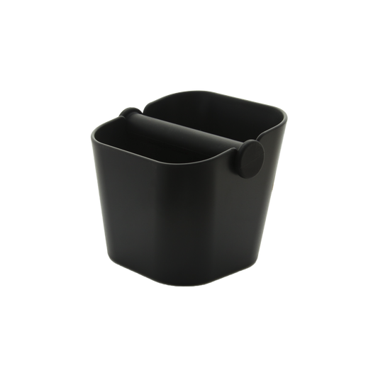 A black, stainless steel domestic knock bin with rubber bar