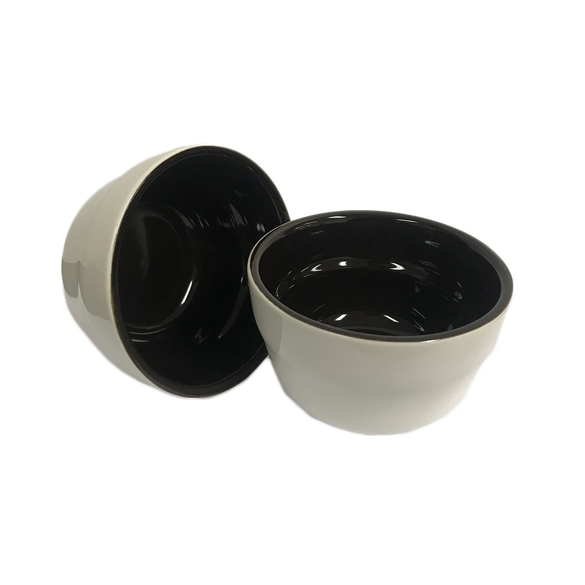 Alt text: Set of white ceramic cupping bowls with blue rims and spoons, perfect for enjoying small portions of sauces and condiments
