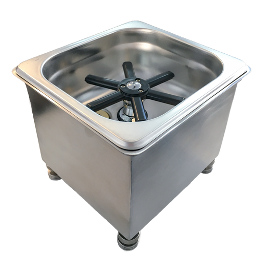 Stainless steel small jug rinser with bench fitting for cleaning barista tools and equipment