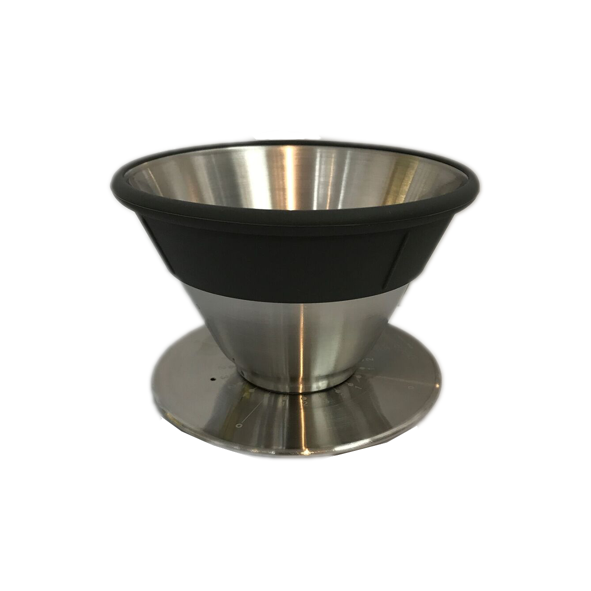 Alt text: Stainless steel December Coffee Dripper with glass carafe and paper filter