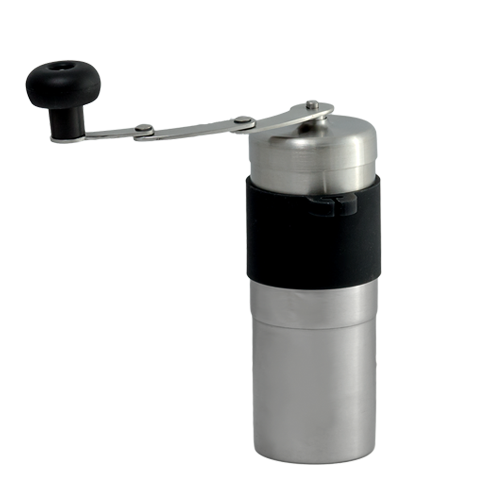 Stainless steel hand grinder with adjustable settings for grinding coffee beans and spices