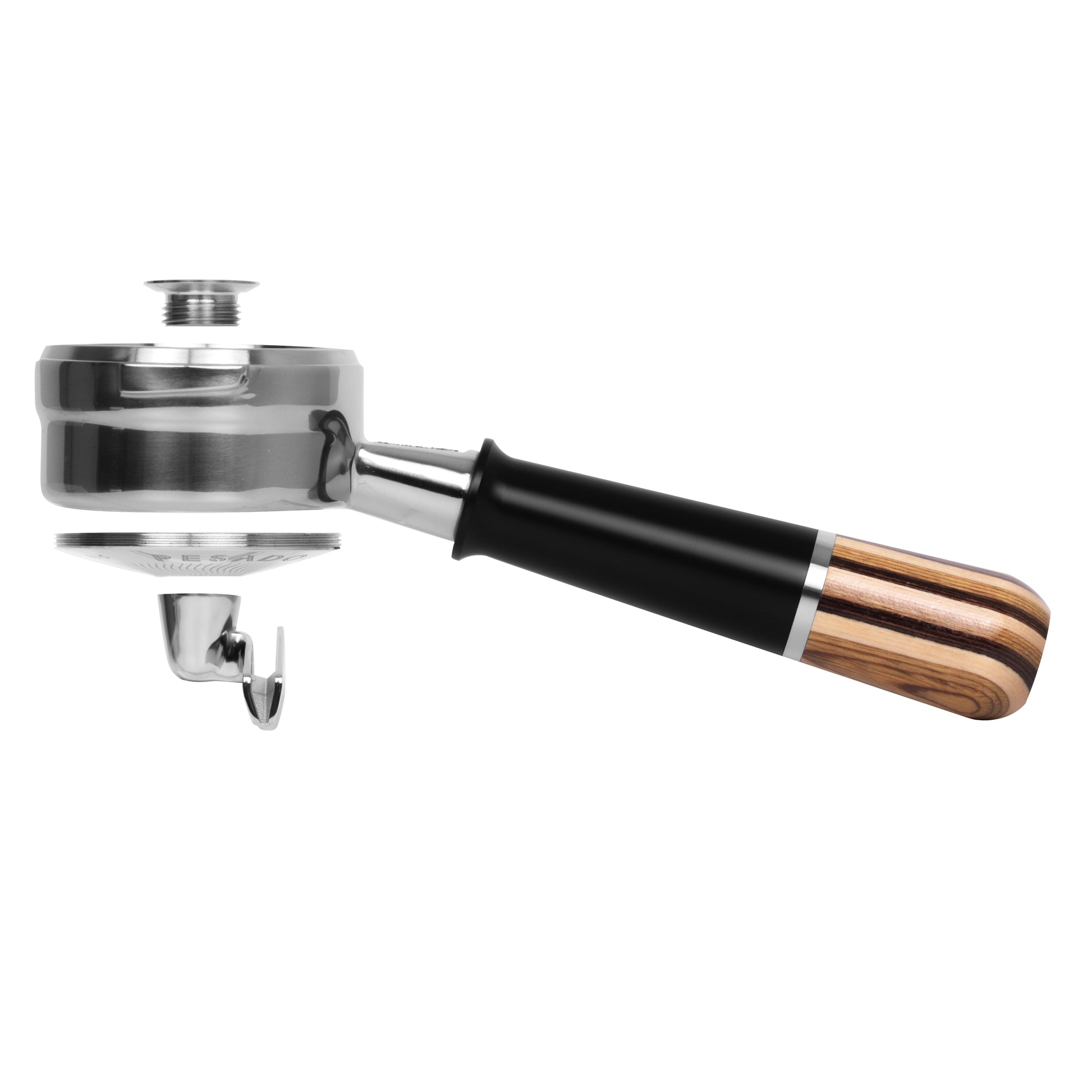 Stainless steel Pesado Hybrid Breville 54/58 Portafilter with ergonomic handle and precision-engineered design for professional espresso brewing