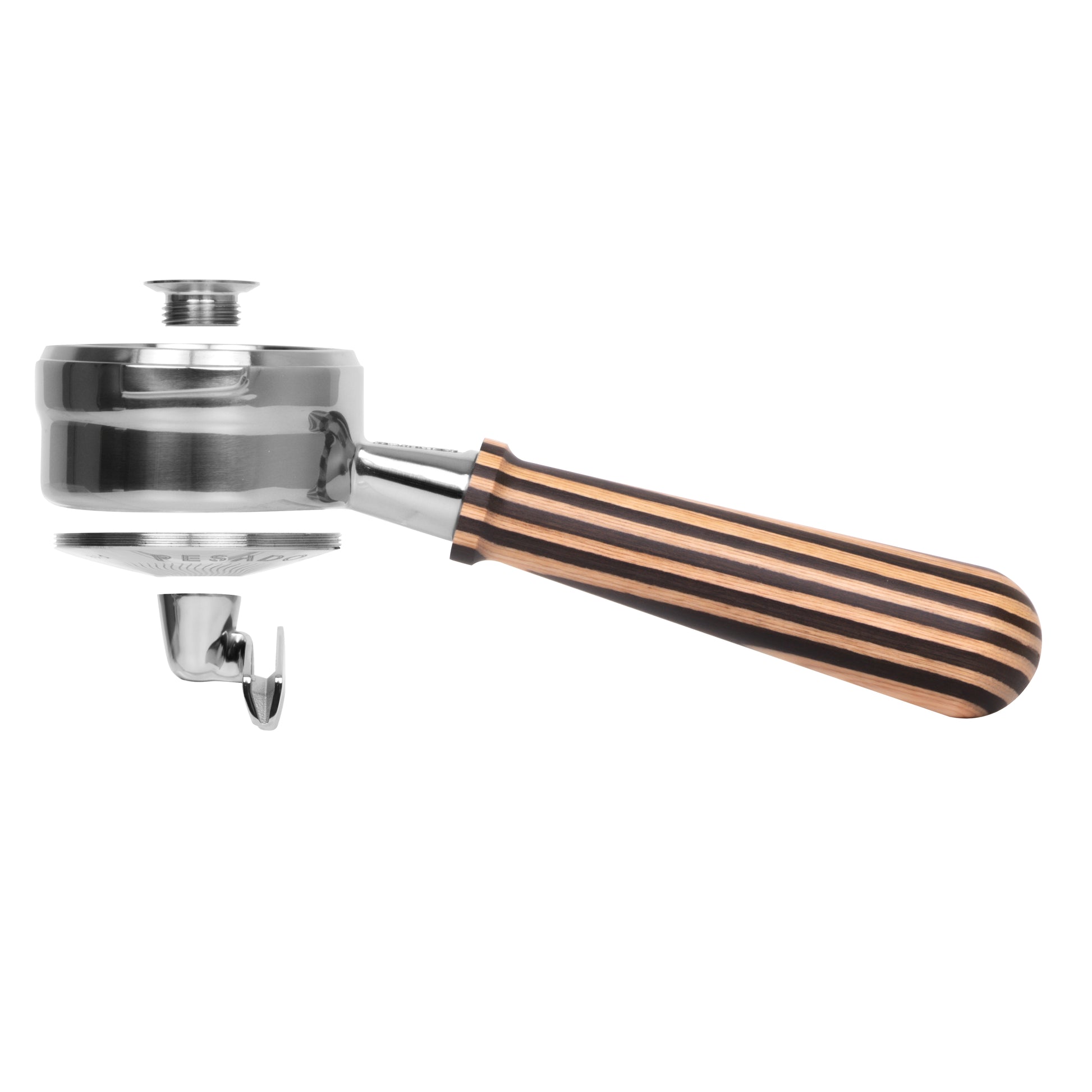 Stainless steel Pesado Hybrid Breville 54/58 Portafilter with ergonomic handle and precision design for espresso brewing
