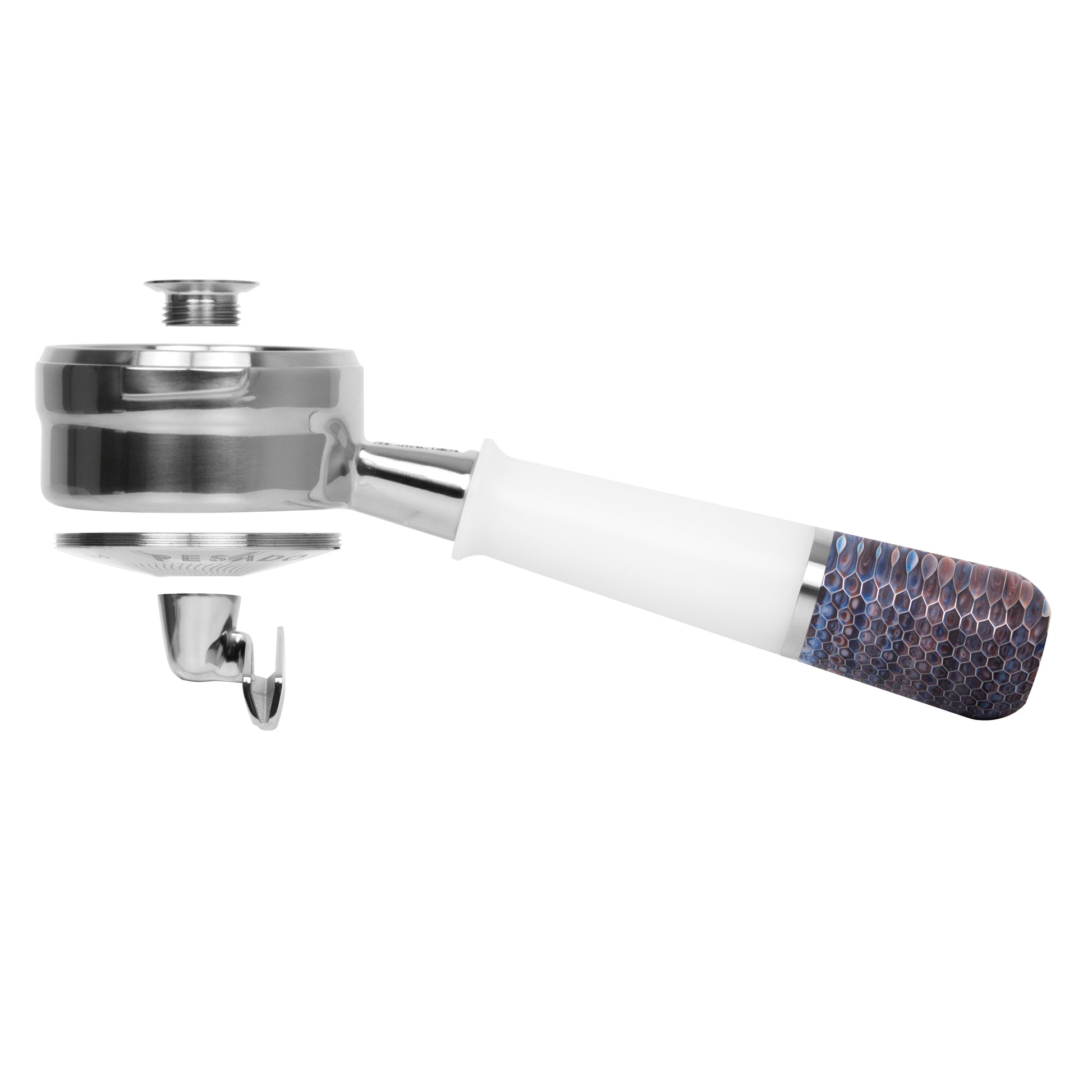 A close-up image of the stainless steel Pesado Hybrid Breville 54/58 Portafilter, designed for high-quality coffee extraction in commercial or home espresso machines