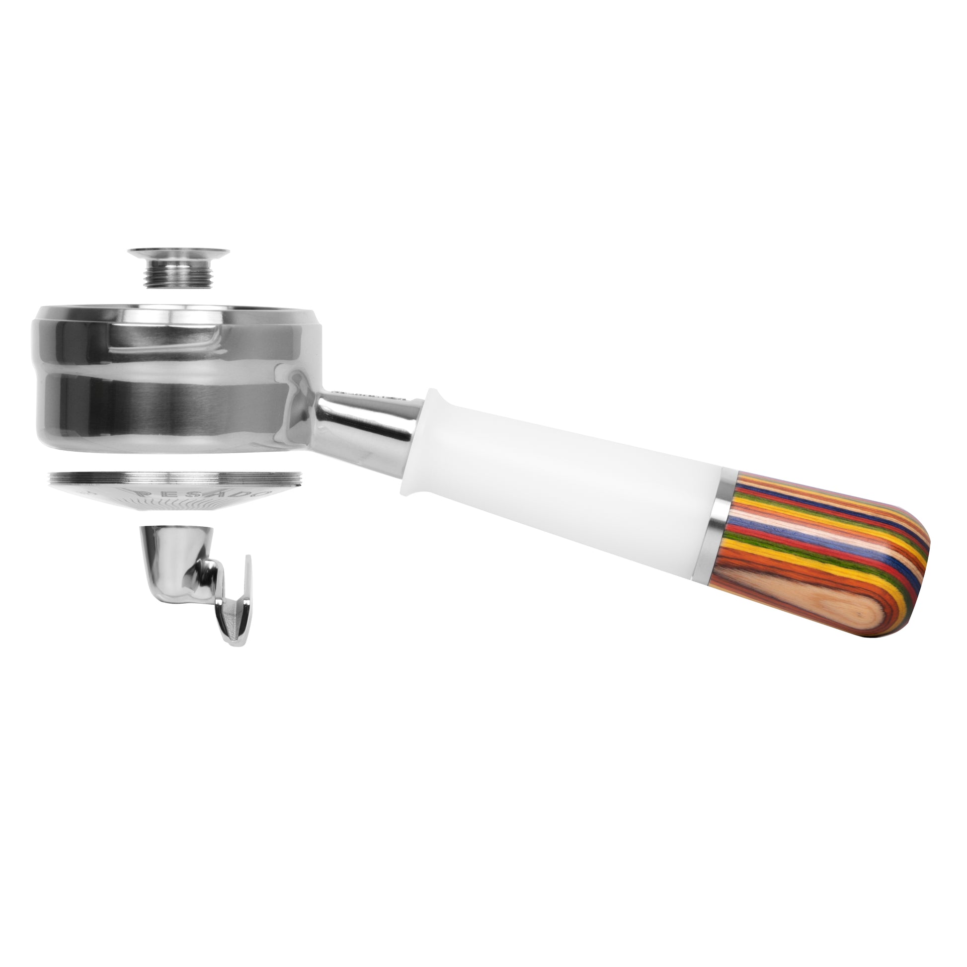 Stainless steel Pesado Hybrid Breville 54/58 Portafilter with double spouts and ergonomic handle for professional espresso brewing