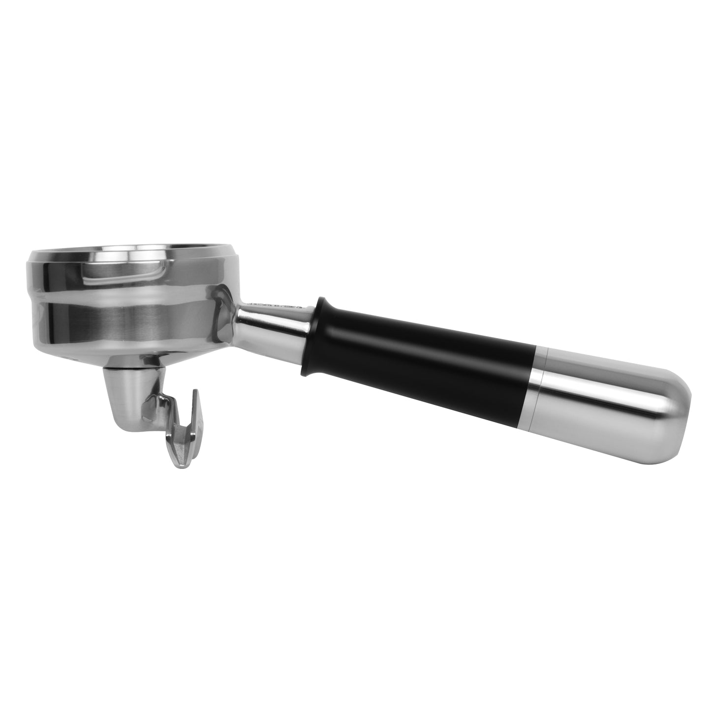 Black and silver Pesado Spouted Portafilter designed for professional espresso machines