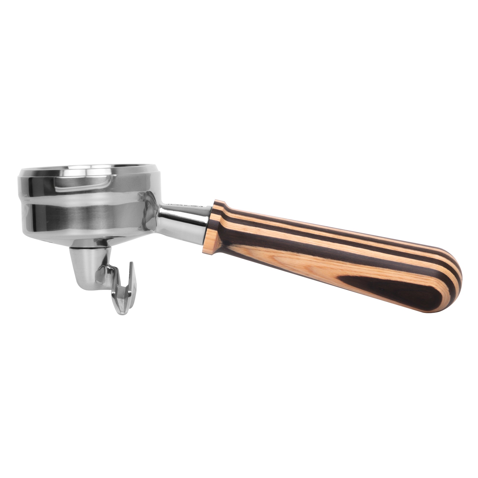 Stainless steel Pesado Spouted Portafilter with unique raya pattern for espresso machines