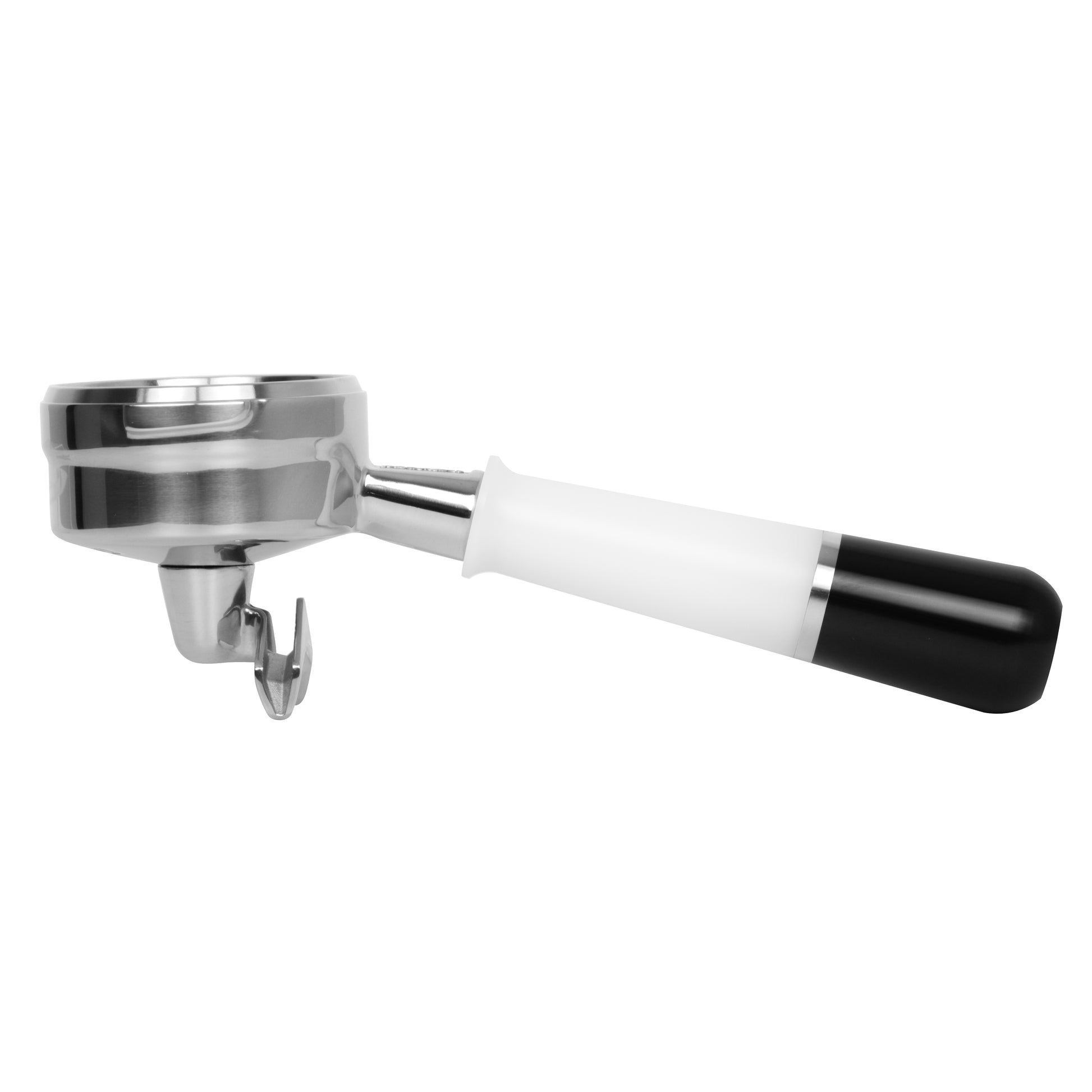 White and black Pesado Spouted Portafilter designed for professional espresso machines