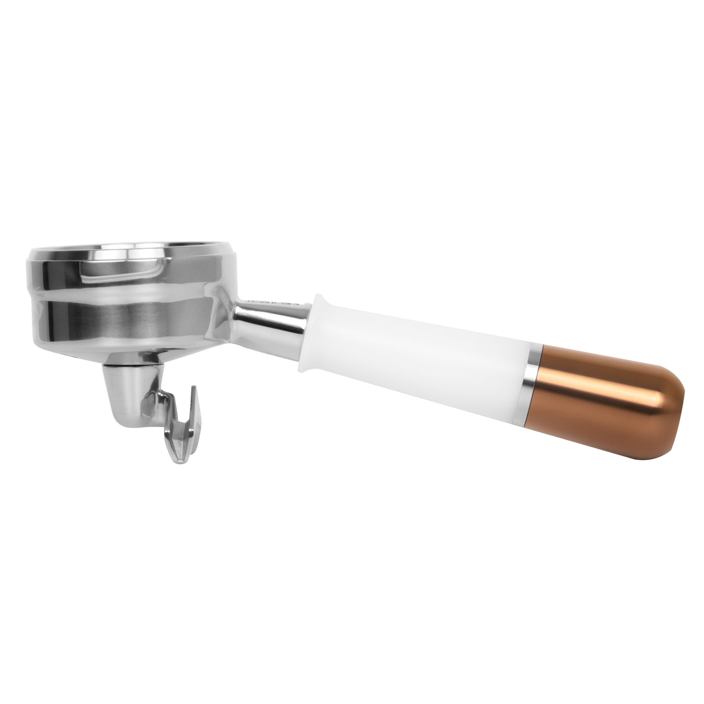 White and bronze Pesado Spouted Portafilter designed for espresso machines