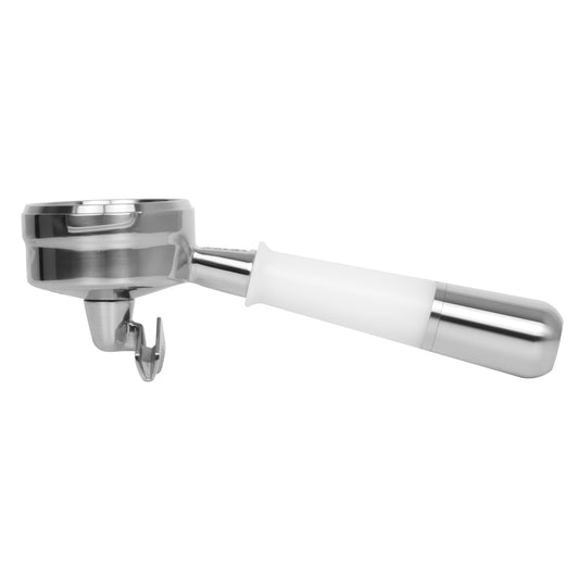 Alt text: White and silver Pesado spouted portafilter, a high-quality espresso accessory for professional coffee brewing