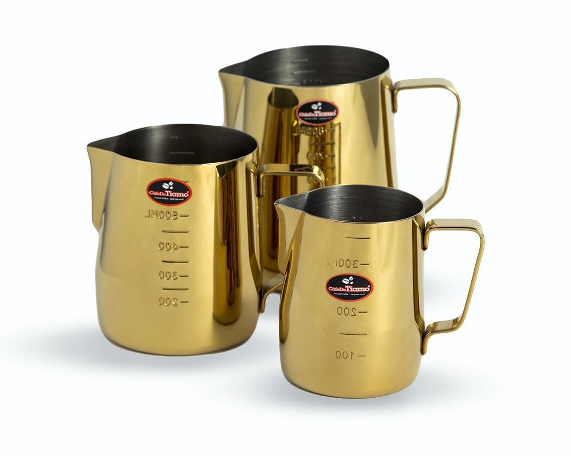 Shiny titanium plated milk jug with 600ml capacity and sleek design