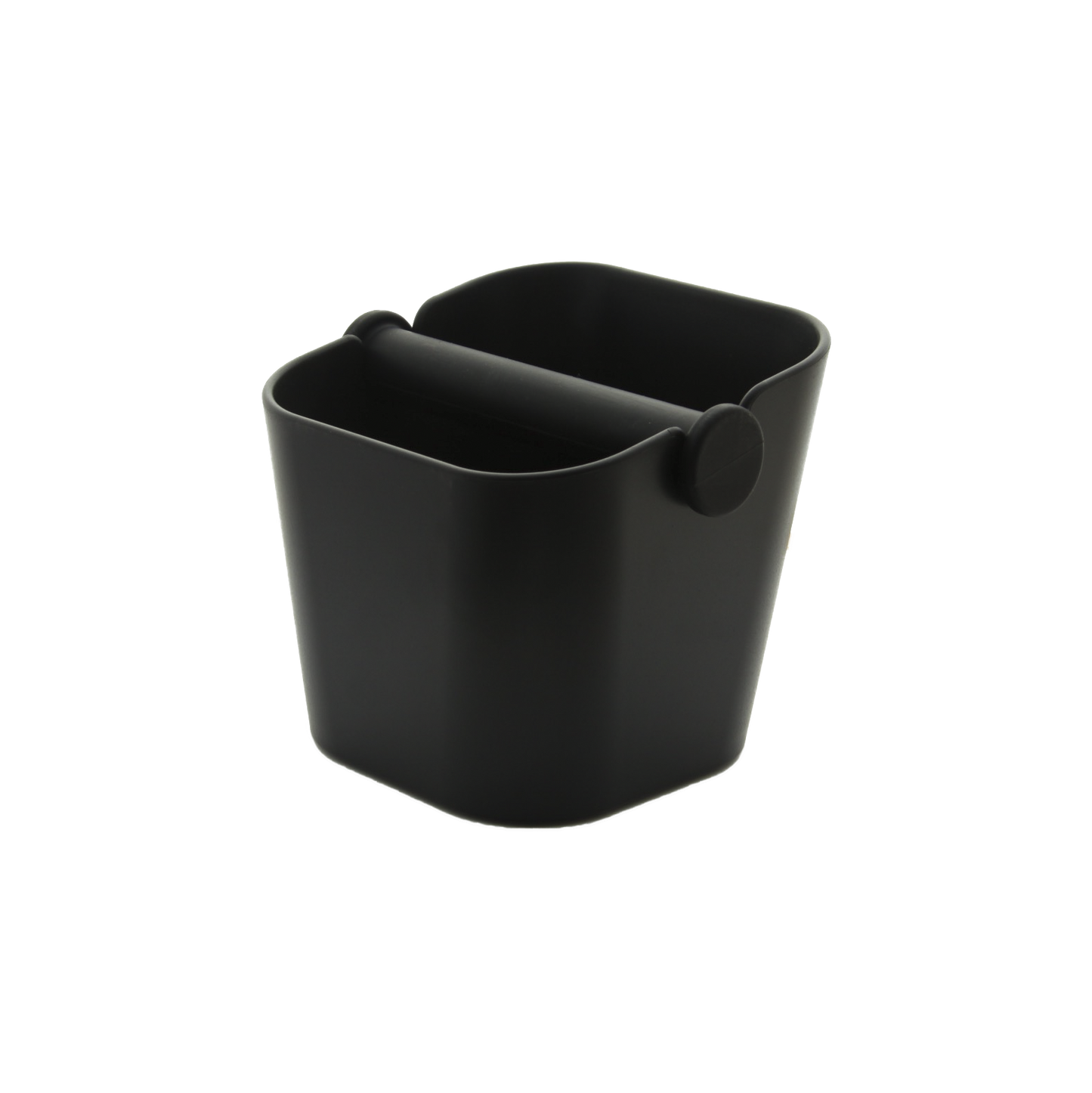 A black, stainless steel domestic knock bin with rubber bar