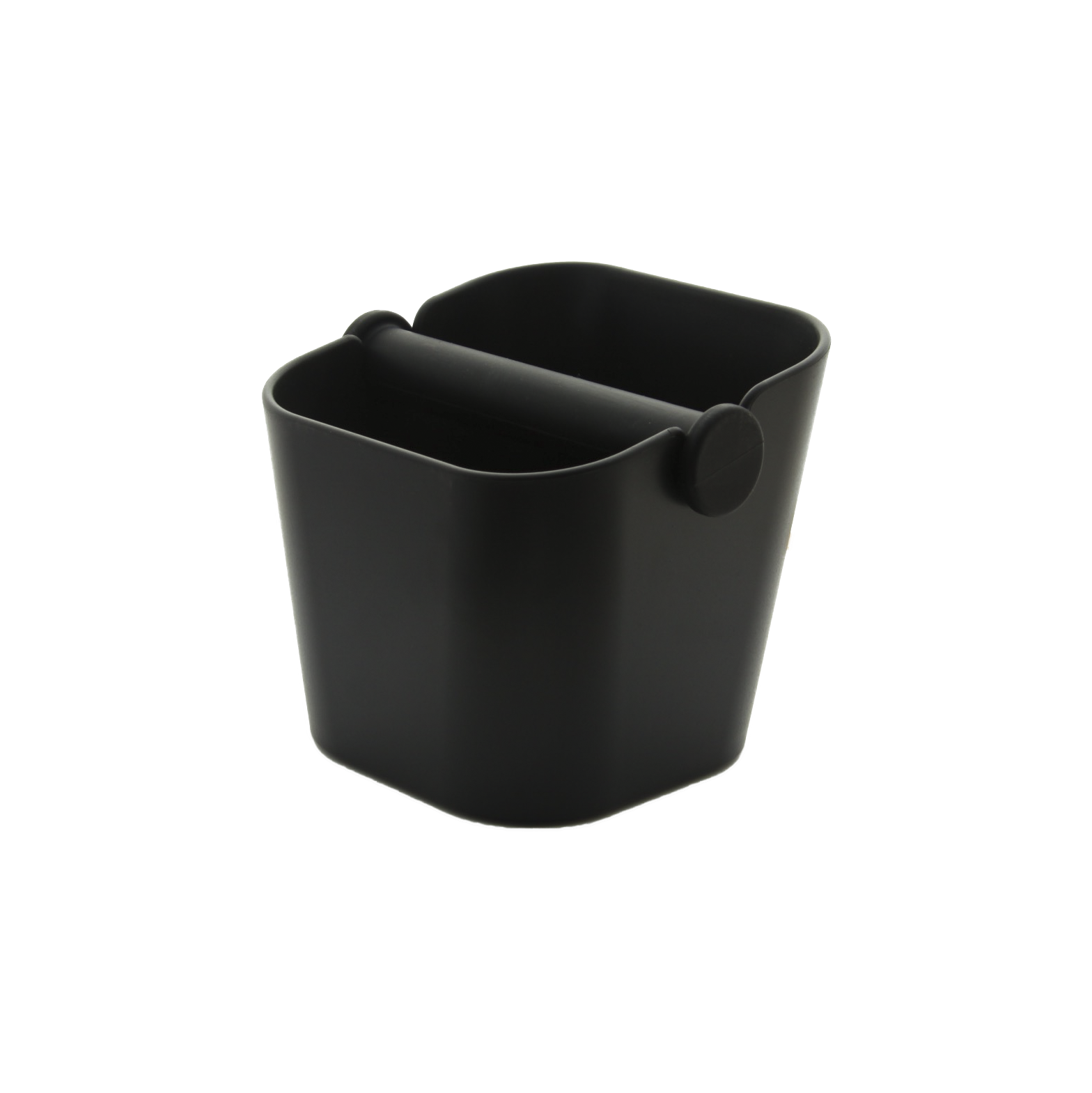 A black, stainless steel domestic knock bin with rubber bar