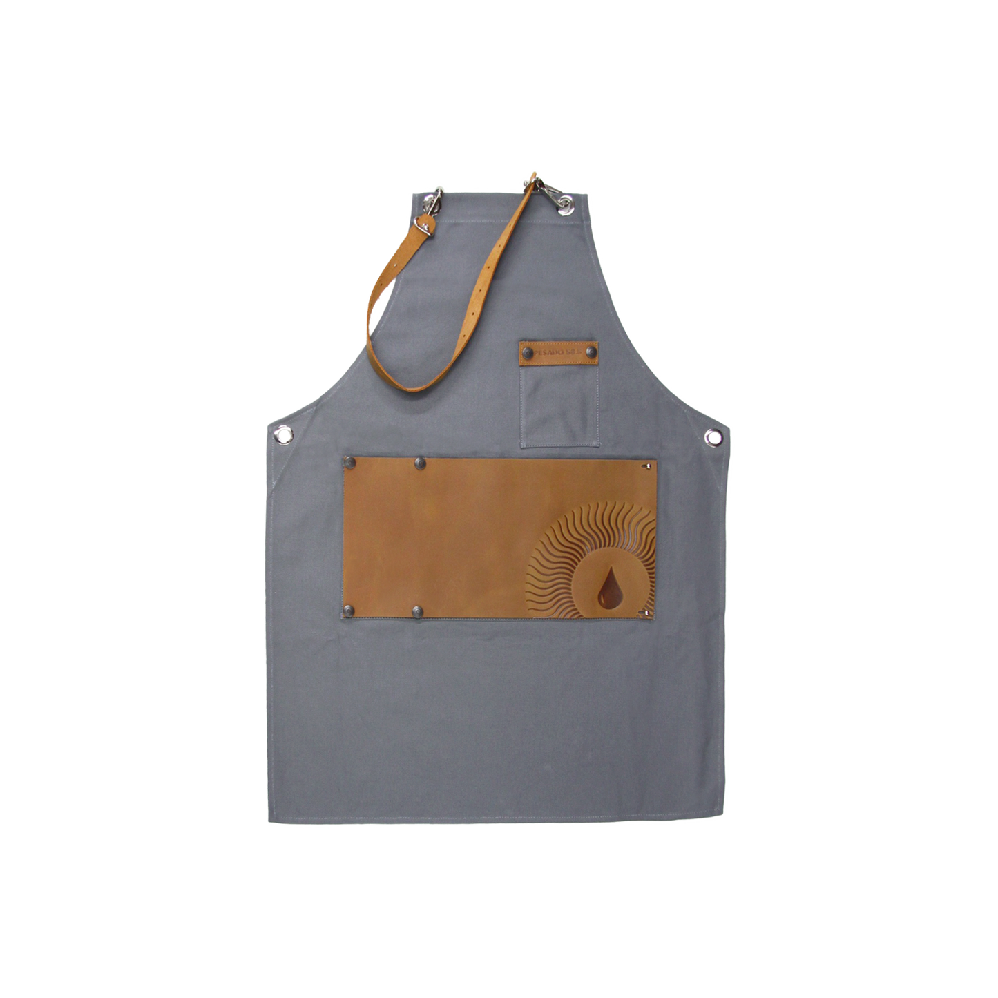 ###
A close-up image of a Pesado Barista Apron with adjustable straps and multiple pockets for holding barista tools and accessories 