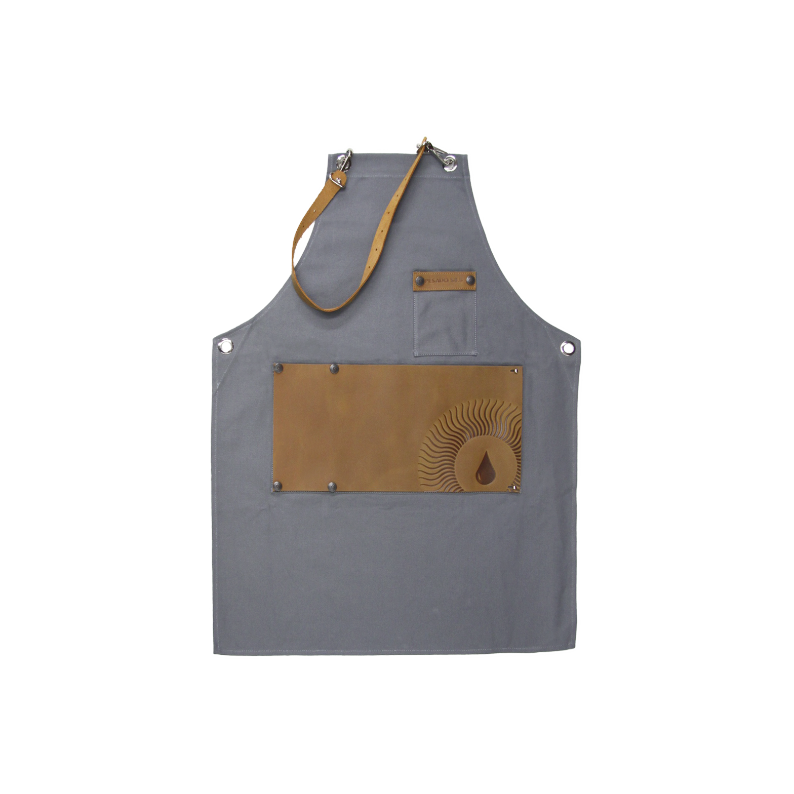 ###
A close-up image of a Pesado Barista Apron with adjustable straps and multiple pockets for holding barista tools and accessories 