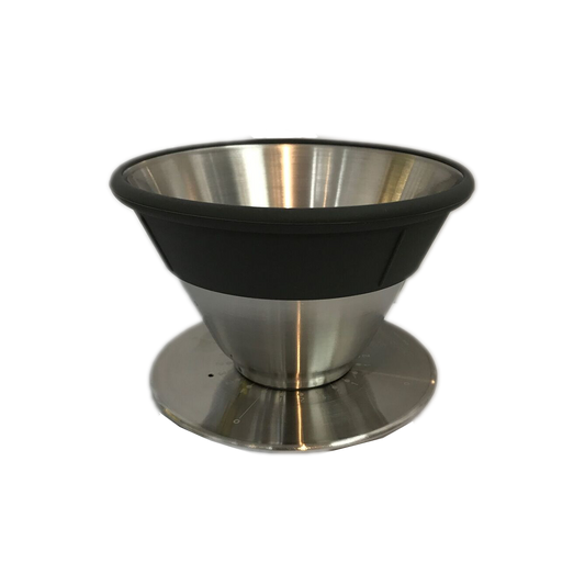 Alt text: Stainless steel December Coffee Dripper with glass carafe and paper filter