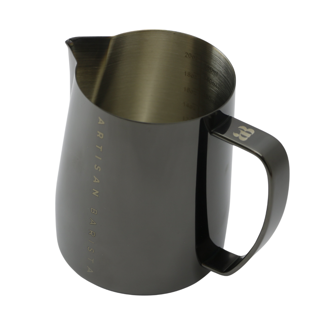 The Artisan Barista Jug in sleek matte black finish for stylish coffee presentation