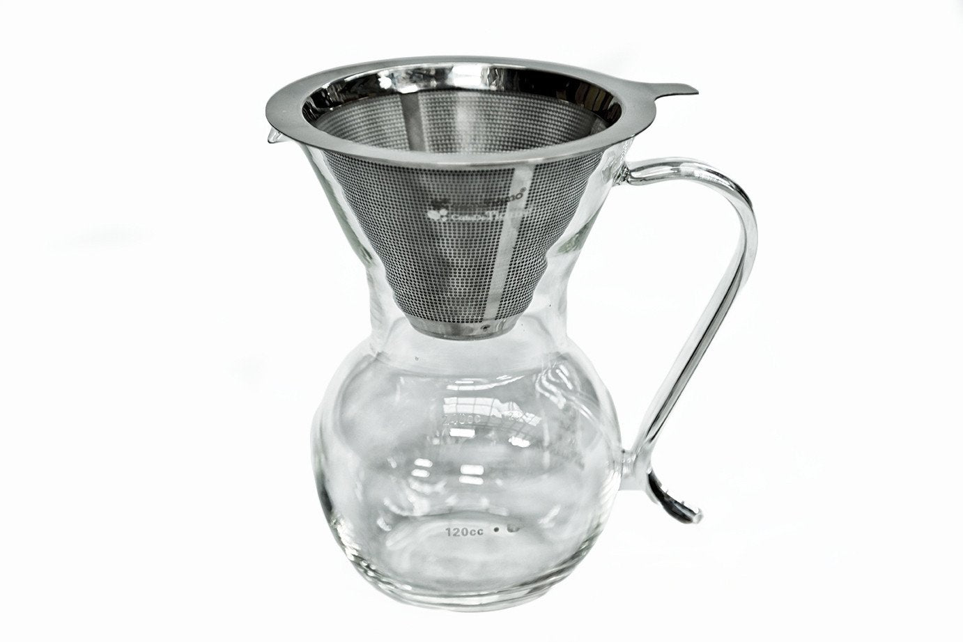 Transparent glass coffee dripper with a handle and fine mesh filter for pour-over brewing