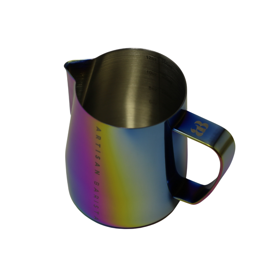 The Artisan Barista - Barista Jug 350ml, a stainless steel coffee pitcher perfect for creating lattes and cappuccinos